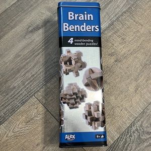 Brain Benders Tin Four 3D wood puzzles EUC/Collectable Toys